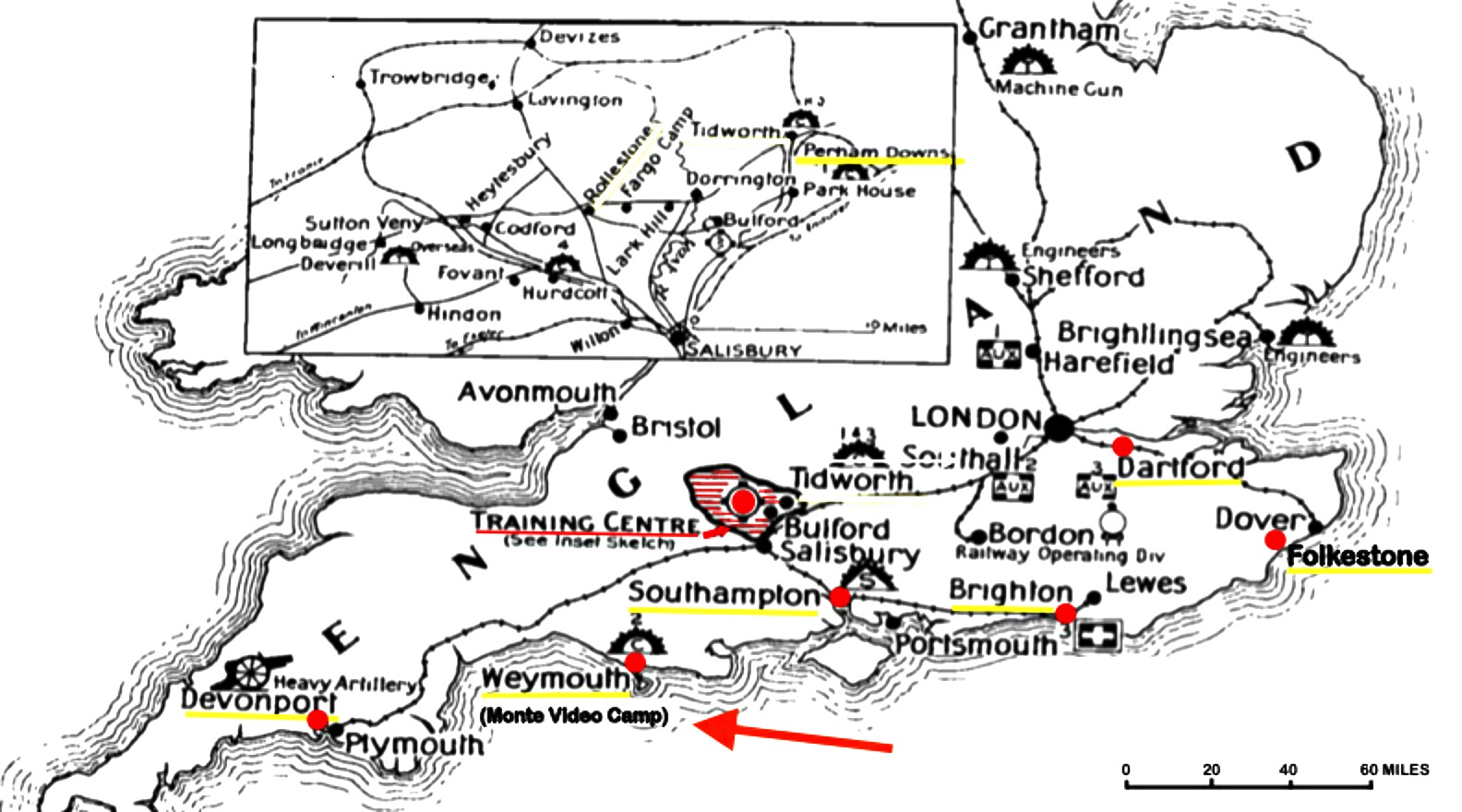 Location of Monte Video Camp in Southern England